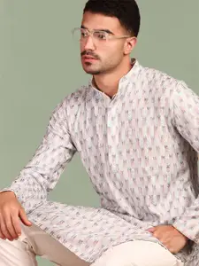 Anouk Geometric Embroidered Chikankari Sequinned Mandarin Collar Cotton Straight Kurta