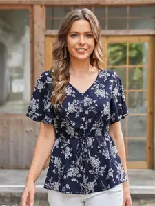 FERY LONDON Women Floral Printed Waist Tie-Ups V-Neck Top