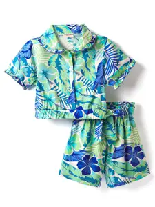 CrayonFlakes Girls Printed Peter Pan Collar Shirt With Shorts