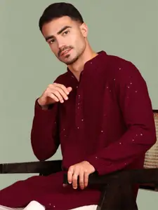 Anouk Floral Embroidered Chikankari Sequinned Mandarin Collar Straight Kurta