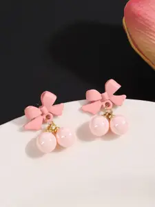 KRENOZ Gold-Plated Pearls Studded Bow Shaped Drop Earrings