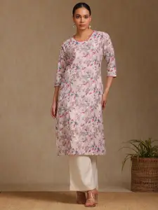 Soch Floral Printed Round Neck Linen Straight Kurta