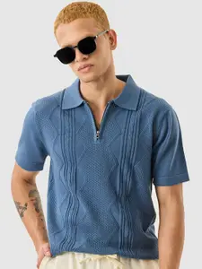 Snitch Men Self Design Polo Collar Cotton Slim Fit T-shirt