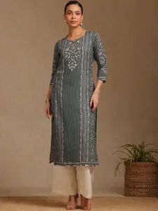 Soch Floral Botanical Printed Sweetheart Neck Kantha & Mirror Work Straight Kurta