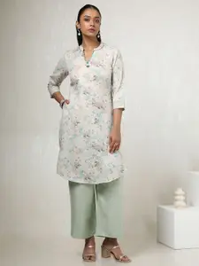 Soch Floral Printed Mandarin Collar Beads & Stones Cotton Linen Straight Kurta
