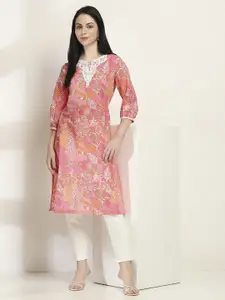 Rangriti Floral Printed Notch Neck Puff Sleeves Cotton Straight Kurta