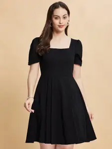 Selvia Women Solid Square Neck Dyed Puff Sleeve Fit & Flare Dress