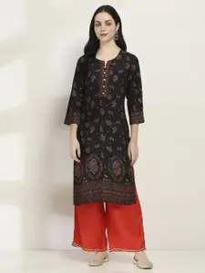Rangriti Floral Printed Notch Neck Cotton Straight Kurta