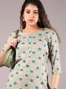 V-Mart Floral Printed Thread Work Round Neck Straight Kurta