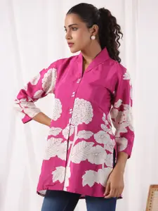 JISORA Women Floral Printed Shirt Collar Silk Longline Shirt Style Top