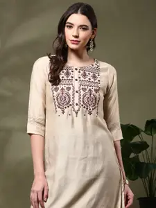 Anouk Floral Yoke Design Round Neck Thread Work Straight Kurta