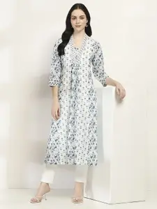 Rangriti Floral Printed V-Neck Beads and Stones Cotton A-Line Kurta