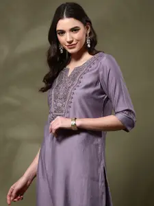 Anouk Floral Yoke Design Notch Neck Thread Work Straight Kurta