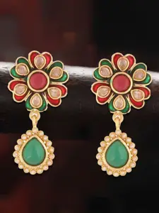 Anouk Gold-Plated Artificial Stones Studded & Beaded Classic Shaped Drop Earrings