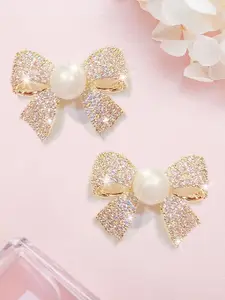 KRENOZ Gold-Plated Pearls & Artificial Stones Studded Bow Shaped Studs