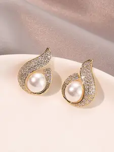 KRENOZ Gold-Plated Pearls & Crystals Studded Contemporary Shaped Studs
