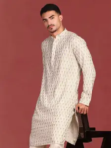 Anouk Geometric Embroidered Mandarin Collar Chikankari Cotton Straight Kurta