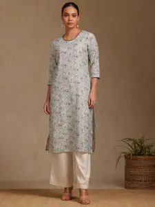 Soch Floral Printed Round Neck Linen Straight Kurta