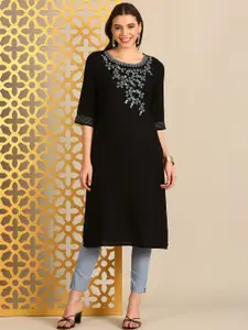 Anouk Floral Embroidered Thread Work Round Neck Straight Kurta