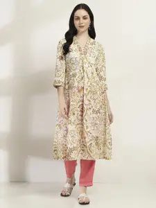 Rangriti Floral Printed Notch Neck Pleated Cotton A-Line Kurta