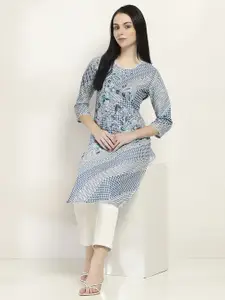 Rangriti Floral Printed Round Neck Cotton Thread Work Straight Kurta