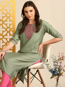 Anouk Floral Yoke Design Round Neck Straight Kurta