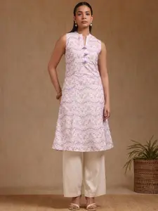 Soch Ethnic Motifs Printed Mandarin Collar Sleeveless Thread Work Linen Straight Kurta