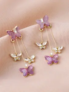 KRENOZ Gold-Plated Artificial Stones Studded Butterfly Shaped Drop Earrings