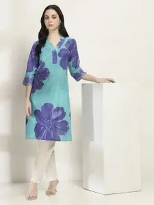 Rangriti Floral Printed V-Neck Cotton Straight Kurta