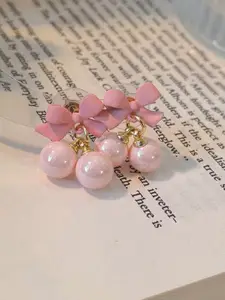 KRENOZ Gold-Plated Pearls Beaded Bow Shaped Drop Earrings