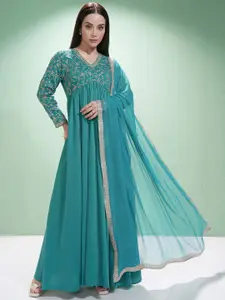 Vishudh Women Floral Embroidered Maxi Empire Dress With Embellished Dupatta