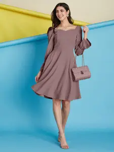 Selvia Solid Sweetheart Neck Puff Sleeve Fit & Flare Above Knee Dress