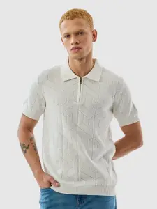 Snitch Men Self Design Polo Collar Cotton Slim Fit T-shirt