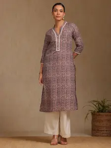 Soch Floral Printed V-Neck Kantha Work Straight Kurta