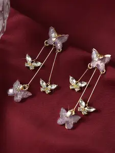 KRENOZ Gold-Plated Artificial Stones Studded Butterfly Shaped Drop Earrings