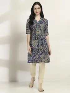 Rangriti Floral Printed Mandarin Collar Cotton Straight Kurta
