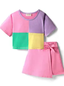 CrayonFlakes Girls Colourblocked Short Sleeves Pure Cotton T-shirt With SKorts