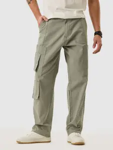 Snitch Men Sage Green Cargos Mid Rise Cotton Trousers