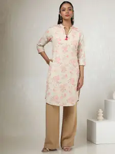 Soch Floral Printed Mandarin Collar Cotton Linen Straight Kurta