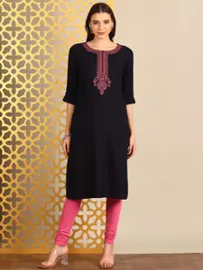 Anouk Floral Yoke Design Round Neck Thread Work Straight Kurta