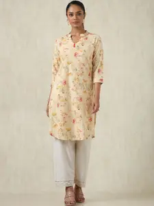 Soch Floral Printed Mandarin Collar Cotton Linen Straight Kurta