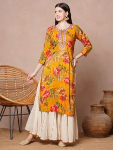 FASHOR Floral Printed Notch Neck Pure Cotton Kurta