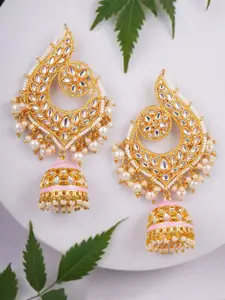 Adwitiya Collection Gold-Plated Stones Studded & Pearls Beaded Dome Shaped Jhumkas