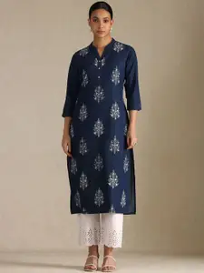 Soch Floral Printed Mandarin Collar Denim Straight Kurta