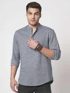 VASTRADO Geometric Woven Design Jacquard Weave Band Collar Cotton Straight Short Kurta