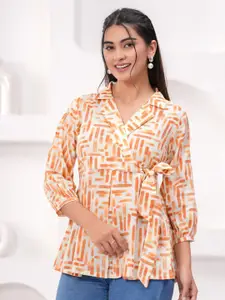 KALINI Women Abstract Printed Tie-Ups Lapel Collar Cotton Wrap Top