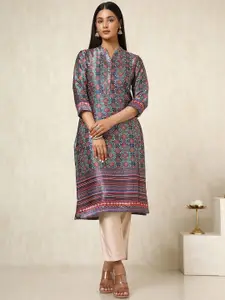 Soch Floral Printed Mandarin Collar Mashru Straight Kurta
