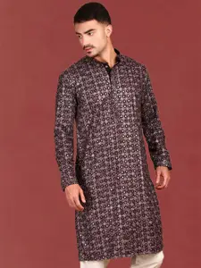 Anouk Geometric Embroidered Chikankari Sequinned Mandarin Collar Pure Cotton Kurta