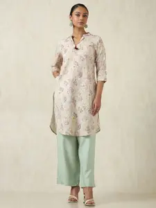 Soch Floral Botanical Printed Beads and Stones Cotton Linen Straight Kurta