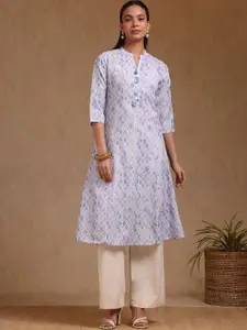 Soch Women Geometric Printed Panelled Mandarin Collar Thread Work Linen A-Line Kurta